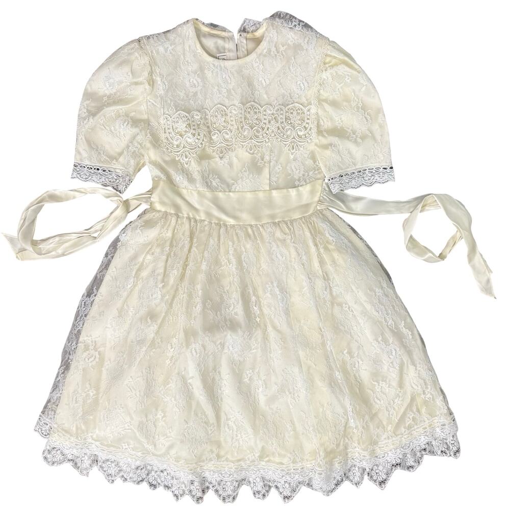 Vintage Gunne Sax Ivory Lace Cape Collar Tulle Short Sleeve Dress Girls' size 7